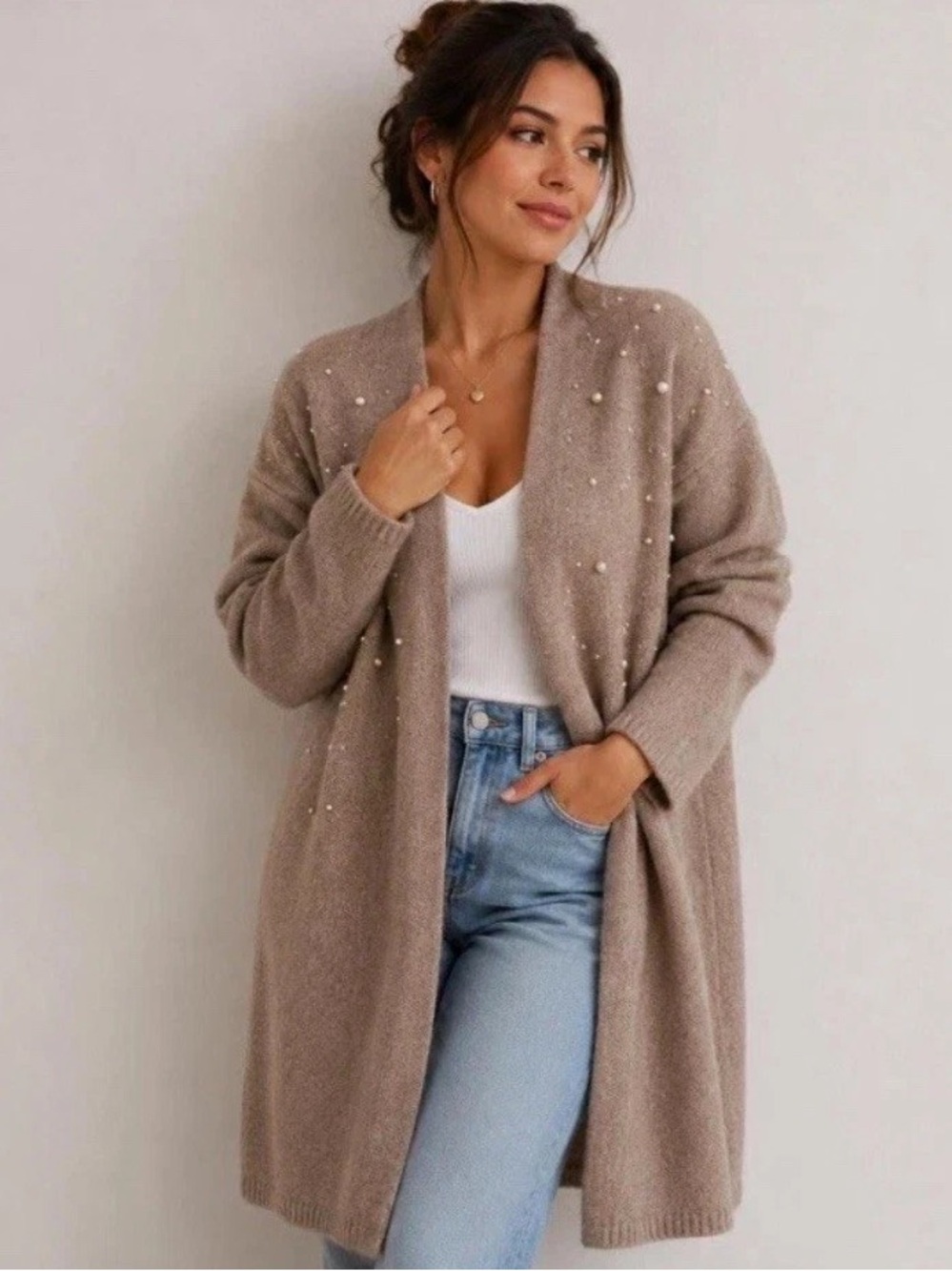 New Chico's Open-Front Faux Pearl Longline Wool Cardigan XXL brown fall boho